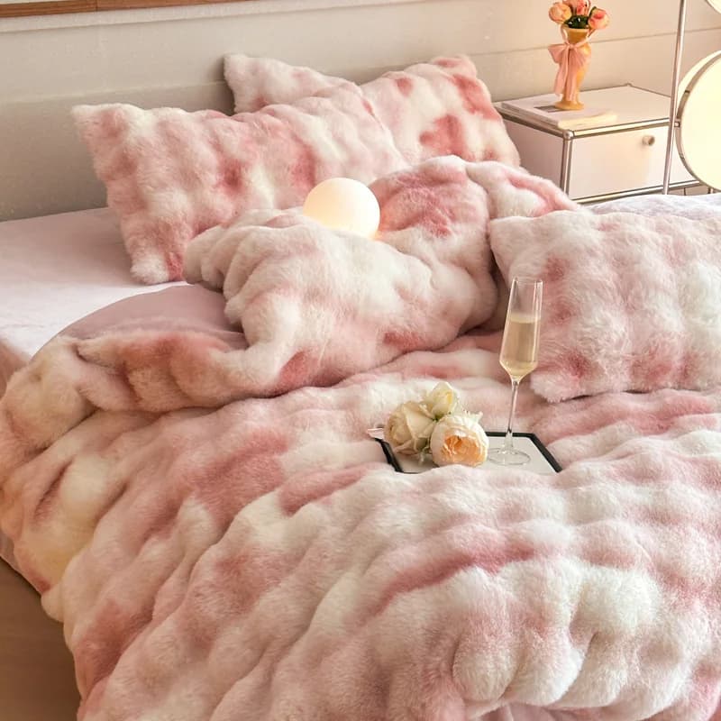 Set di biancheria da letto in peluche imitazione coniglio a bolle colorate con copripiumino in pile di corallo, lenzuolo piatto, federa, set copripiumino caldo