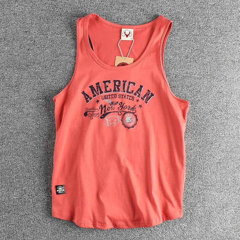 453 # estate New American Retro senza maniche o-collo lettera stampata t-shirt moda uomo 100% cotone lavato Casual sport gilet top
