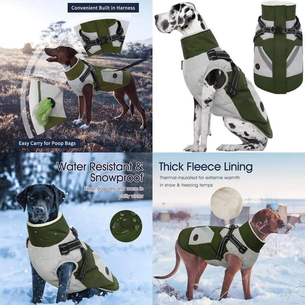 Cappotto per cani in pile riflettente impermeabile con imbracatura incorporata, verde 4XL, ideale per razze di grandi dimensioni in tempo freddo