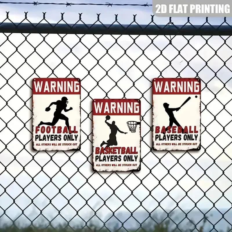 3Pcs Retro Athletic Warning Metal Tin Sign Football Basketball Baseball Silhouette Print Chain Link Fence Backyard Sports Decor