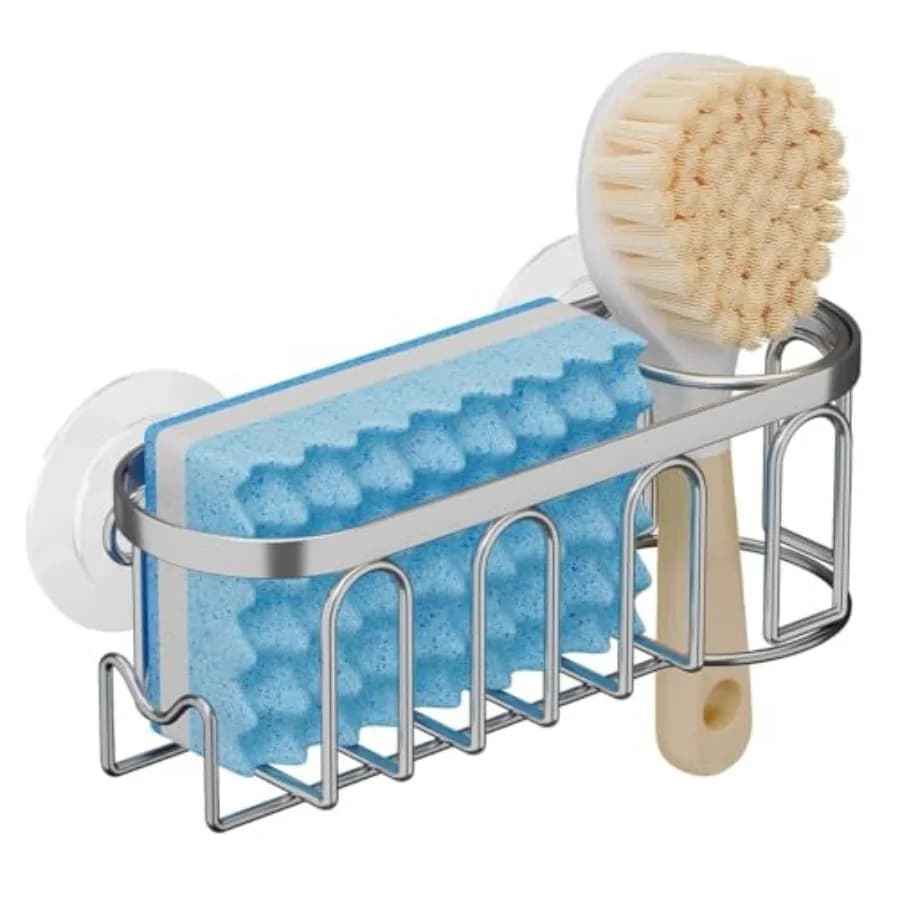 Sink Caddy Sponge Holder for Kitchen Sink 2 Suspension Options Suction Cups and Adhesive Hook,SUS304 Stainless Steel, Silver