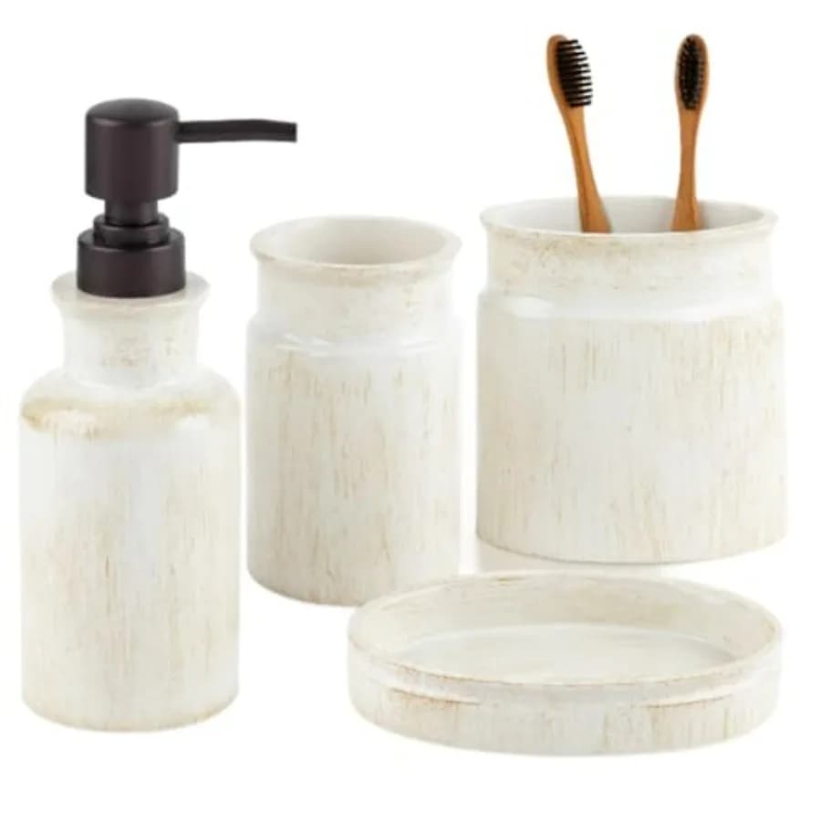 Set Completo di Accessori per il Bagno in Stile Moderno Rustico di Lusso, 4 Pezzi: Dispenser per Lozione, Portaspazzolino, Bicchiere, Portasapone