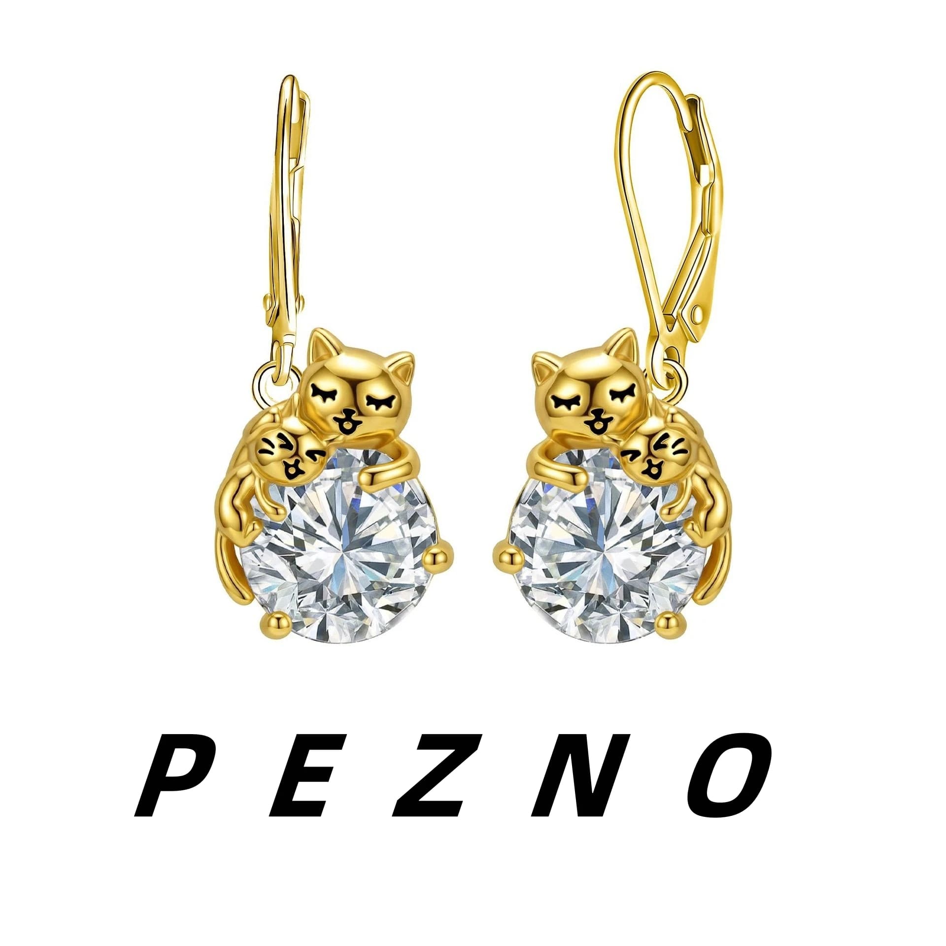 Orecchini a Forma di Gatto Madre e Cucciolo Placcati in Oro 18K per Donne, Ipoallergenici con Zirconia Cubica, Regalo per Lei