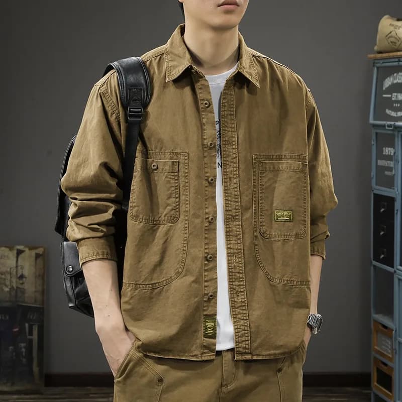 Retro Washed Casual Cotton Long Sleeve Shirt Men's Workwear Collar Jacket Breathable Comfortable Loose Fit Youth Fashion