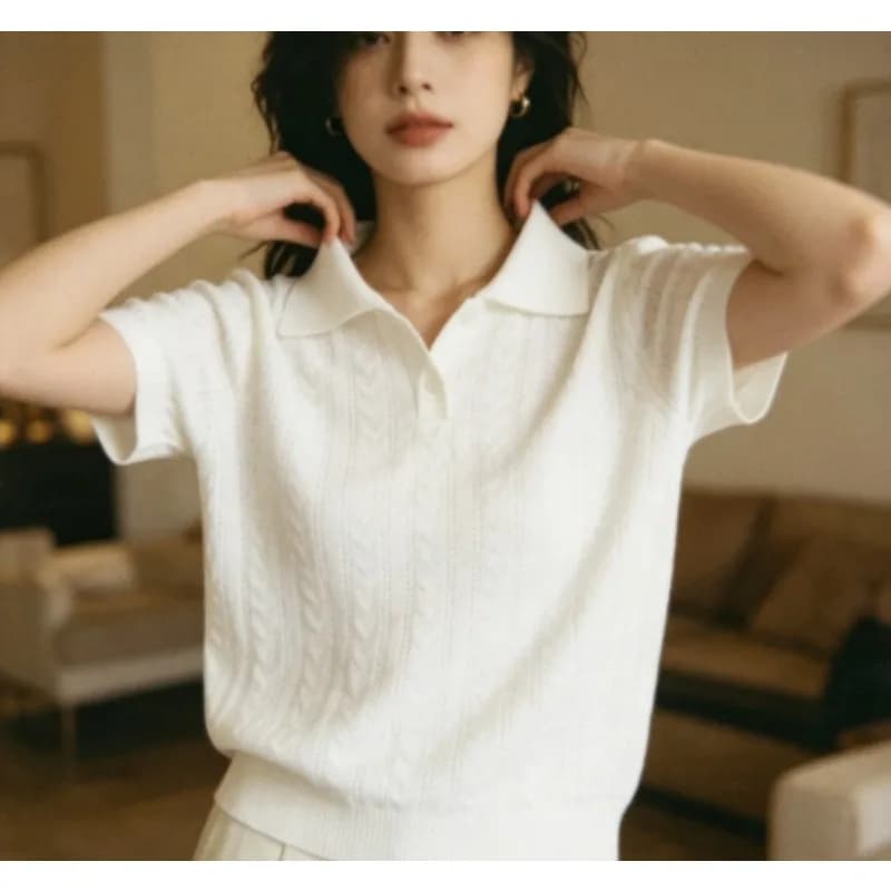 Women's Ice Silk Knitted Short Sleeve Blouse Soft Stretchy for Office Brunch and After Work Drinks