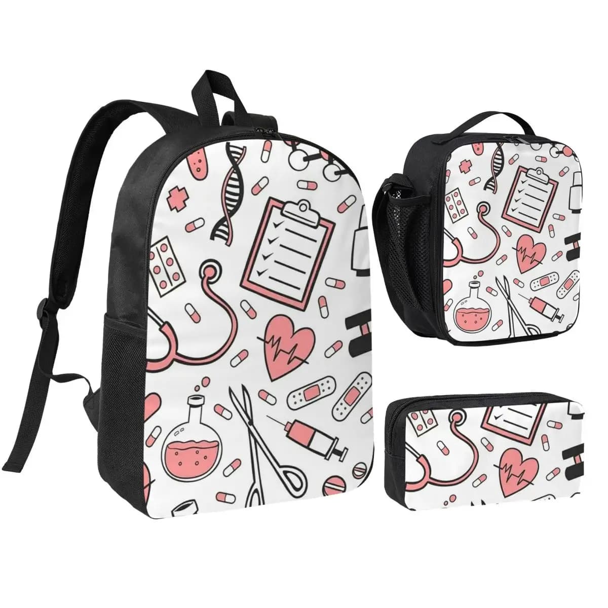 Enfermera En Apuros Zaino medico per dottori e infermieri, borsa per libri per studenti, borsa a tracolla, 3 pezzi, borsa termica per il pranzo, astuccio per matite