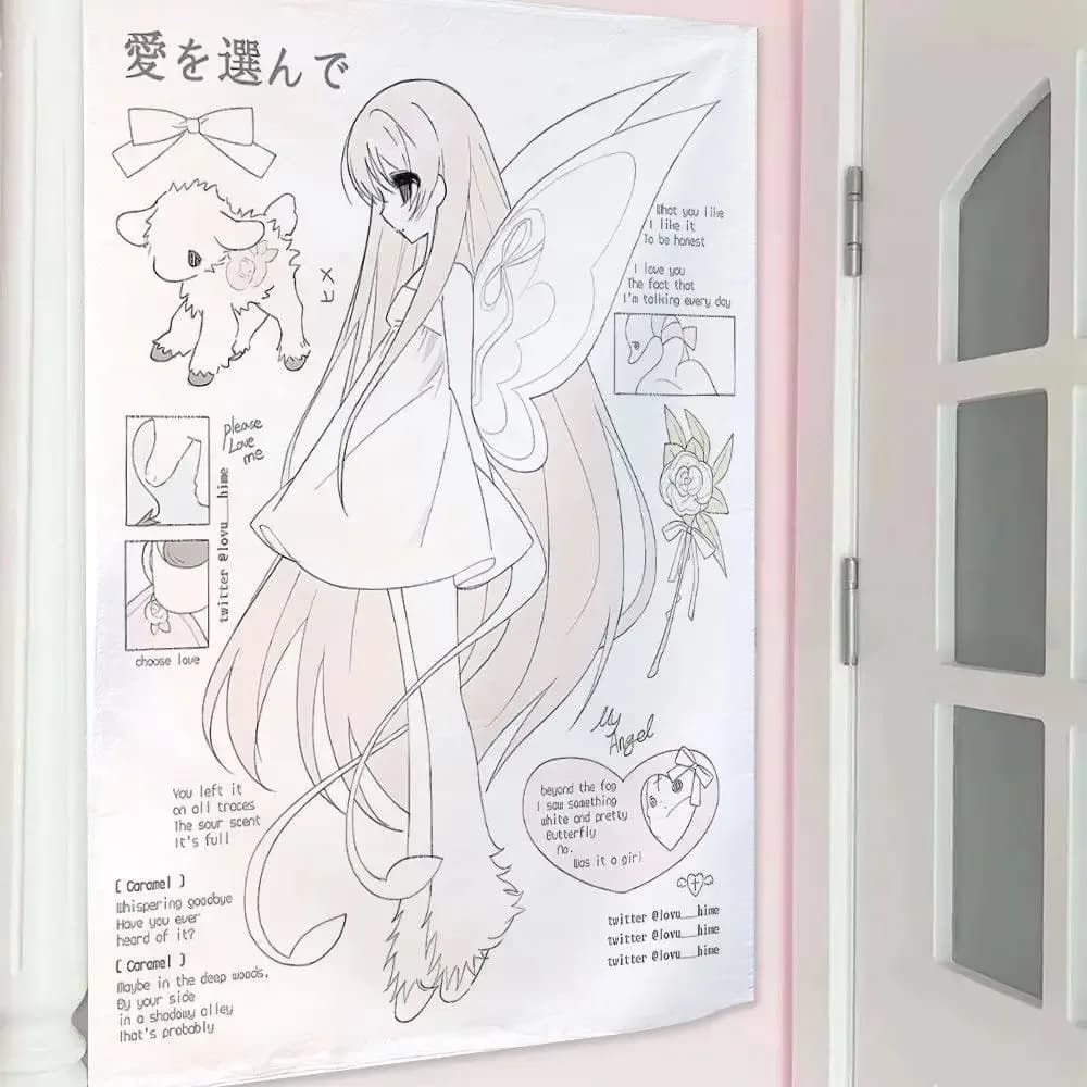 Fairy Anime Girl Sketch Tapestry, Soft Pastel Love Print Polyester Wall Hanging, Kawaii Sketchbook Themed Home Decor for Bedroom
