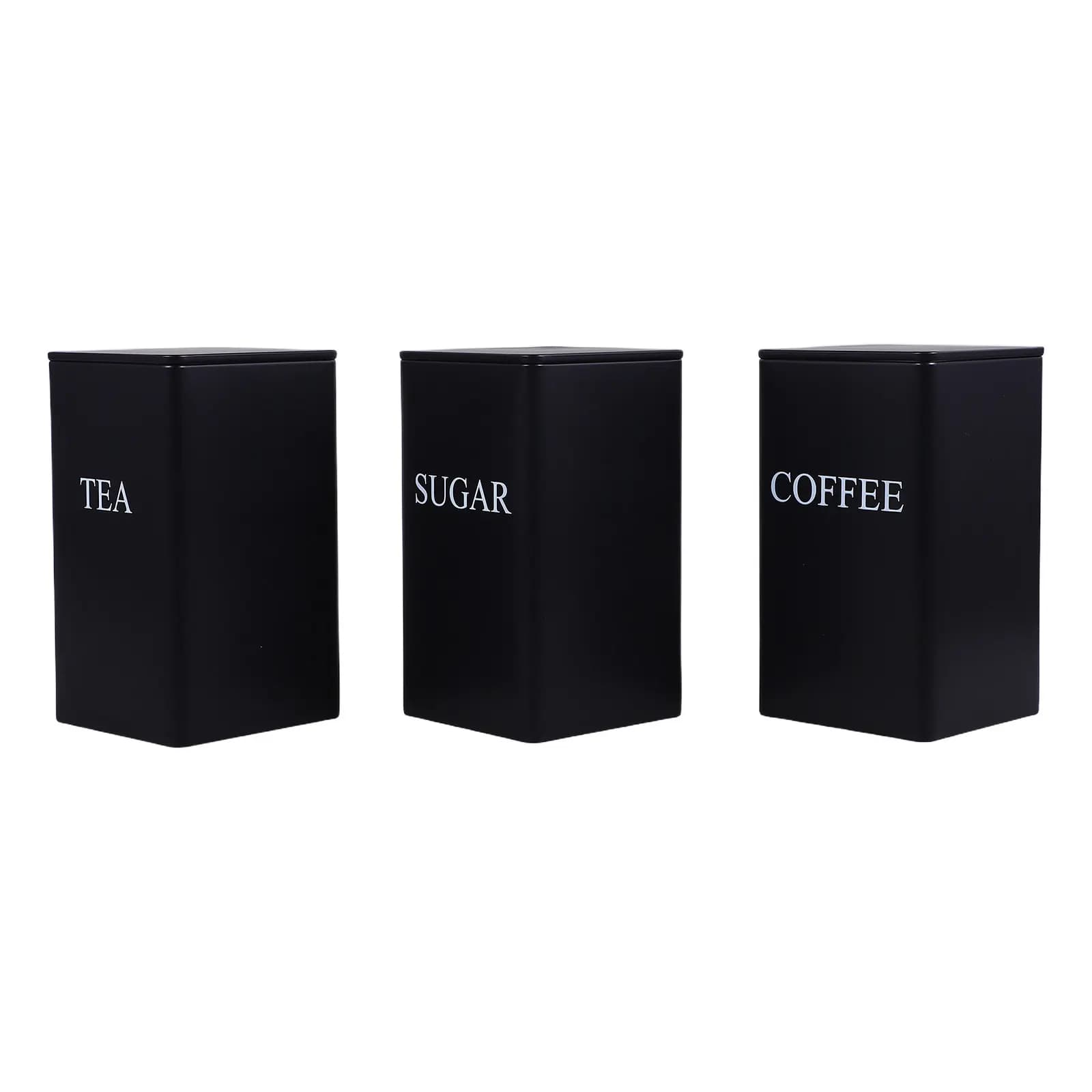3Pcs Kitchen Storage Canisters Set Metal Coffee Tea Sugar Labels Black Square Airtight Food Storage Jars Countertop Organizer