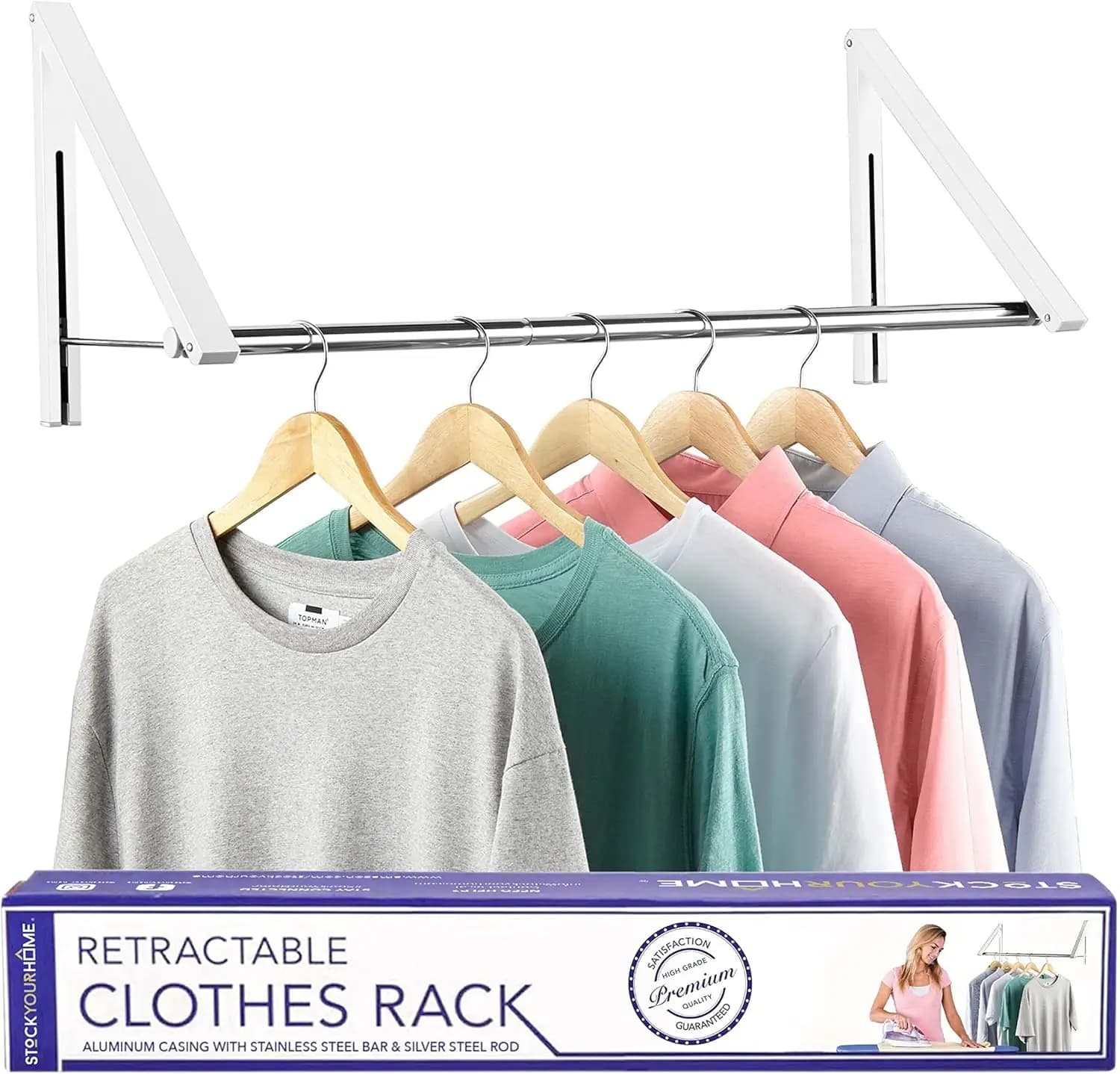 Foldable wall-mounted stretcher with extendable Auction, Removable Seat for Laundry, White