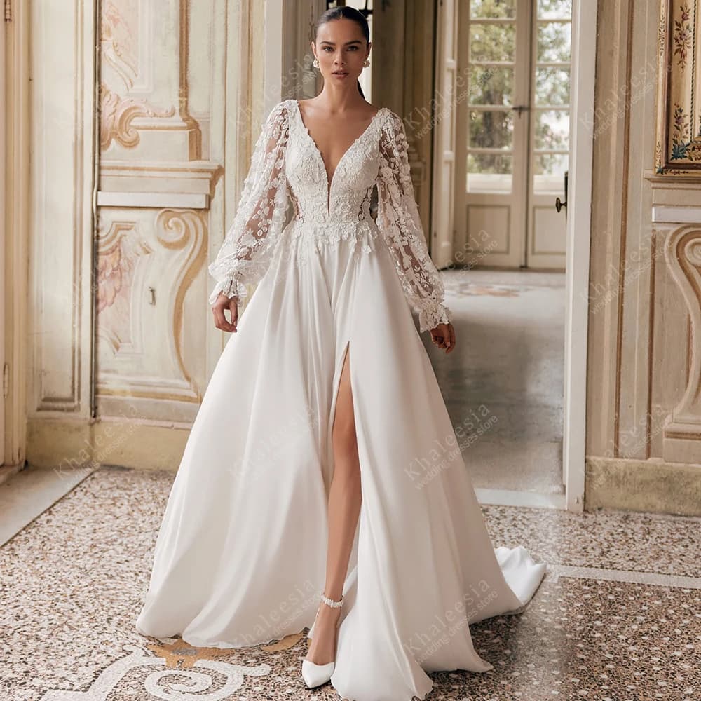 Abiti da sposa glamour Abiti da sposa vintage Applicazioni in pizzo Maniche lunghe Una linea Profondo scollo a V Abiti da sposa Personalizzati 2025
