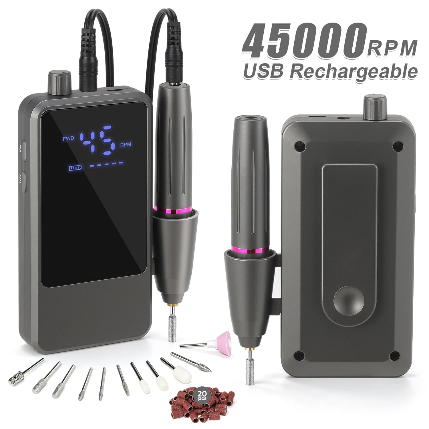 45000RPM Rechargeable Nail Drill Portable Electric Nail File LCD Low Noise Back Clip Manicure Pedicure Salon Tool