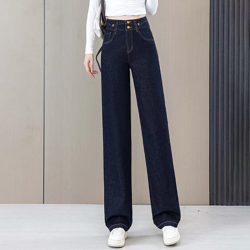Jeans Blu a Vita Alta e Gamba Larga, Taglio Dritto, Nuovo Stile Autunno Inverno, Pantaloni Larghi e Drappeggiati a Tutta Lunghezza per Donna