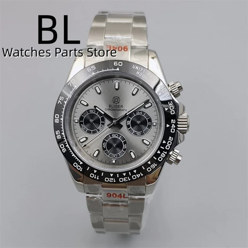 BLIGER/cronografo con quadrante grigio Sterile VK63 orologio da uomo al quarzo 39mm cassa in zaffiro lunetta nera cinturino luminoso in acciaio/gomma senza stelo