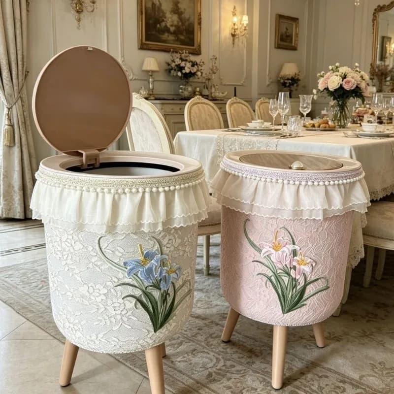 Lace Trash Can High Foot Trash Bin with Lid Luxury Cute Large Capacity Wastebasket Living Room Bedroom Storage Garbage Bins