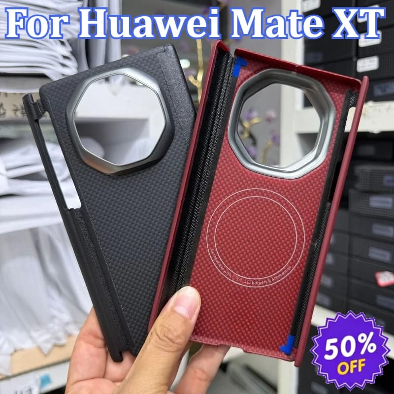 Custodia magnetica sottile in fibra di carbonio aramidica per Huawei Mate XT con doppia cerniera e cover rigida