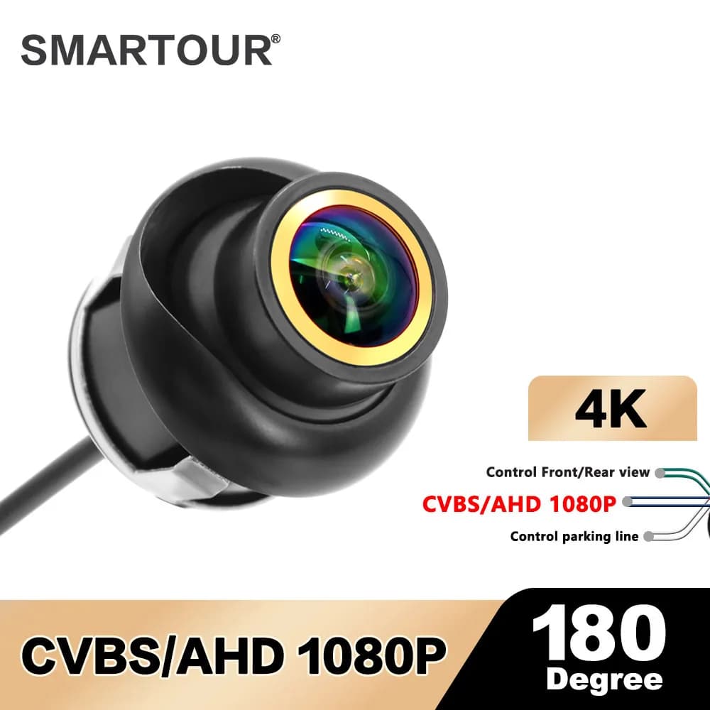 Telecamera Posteriore per Auto SMARTOUR AHD 1920x1080P 180° ° Telecamere per retromarcia e anteriori per veicoli con lente Fisheye dorata, visione notturna Full HD