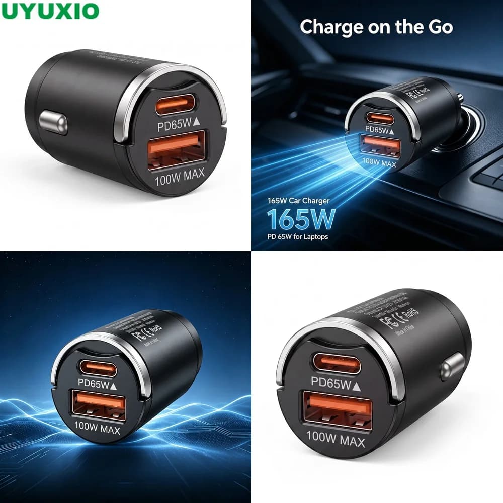 165W Travel Car Charger with PD 65W Type C and 100W USB A Ports for Phones Tablets Laptops and GPS Low Profile Metal Flush Mount