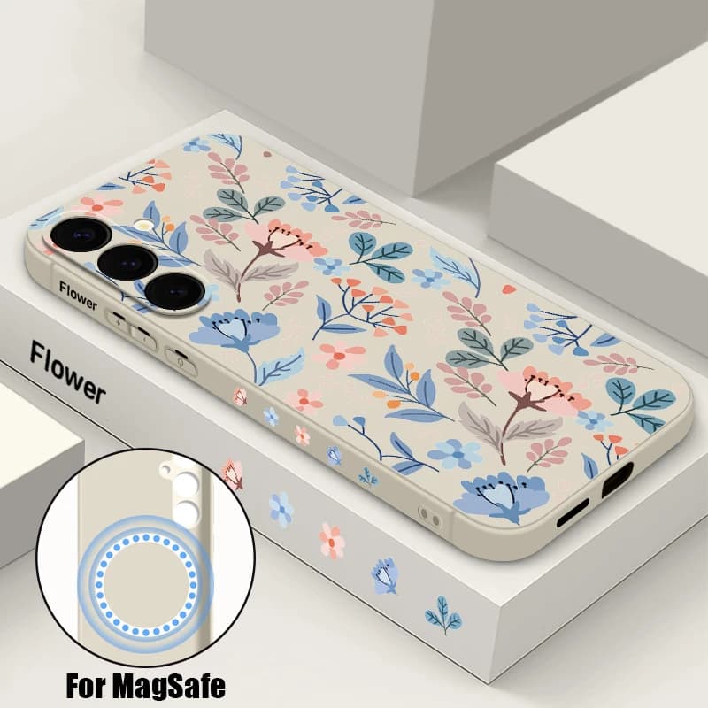 Soft Magnetic Case with Flowers for Samsung Galaxy S26 S25 S24 S23 S22 Ultra Plus S21 S25 FE Compatible with Wireless MagSafe Charging