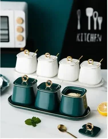 Scatola per spezie da cucina Set di barattoli per uso domestico in ceramica Condimento Combinazione di sale a prova di umidità con coperchio