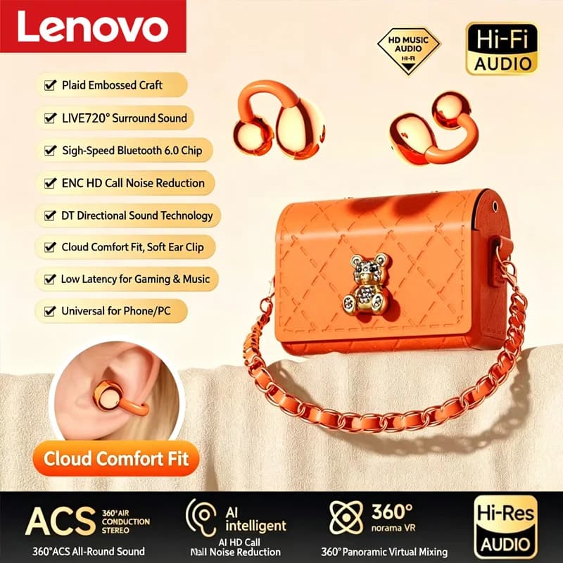 Lenovo Bluetooth Earphones Ear Clip V6.0 720° Surround Sound ENC Noise Reduction Open Ear Wireless Headphones For Phone Laptop