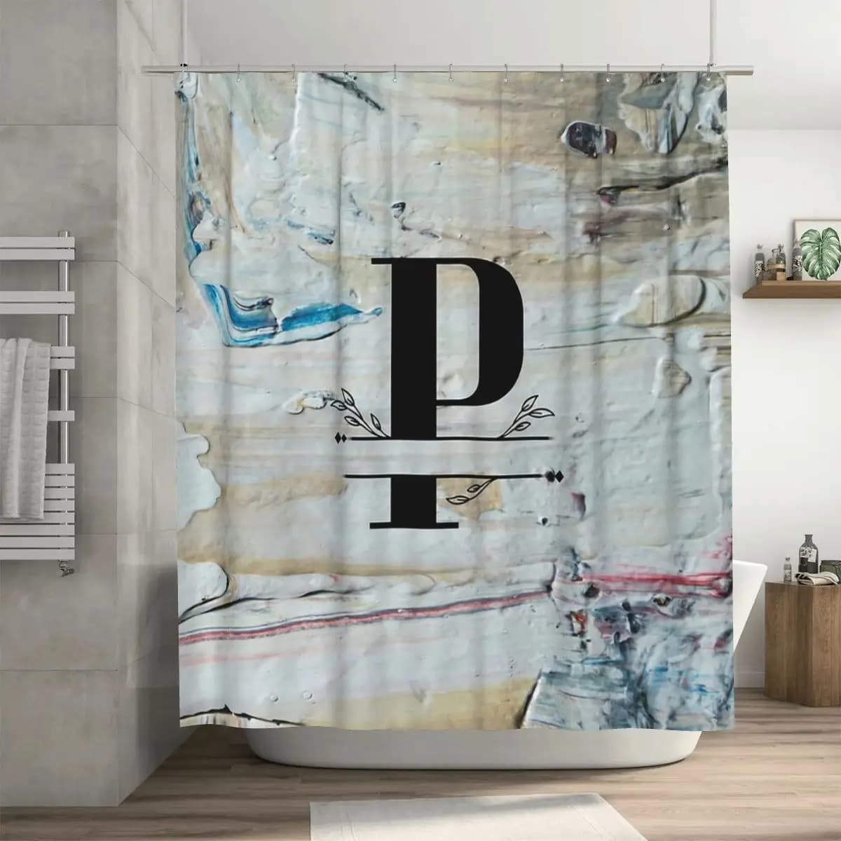 Tenda da doccia impermeabile con monogramma P, sfondo in cemento testurizzato colorato, con ganci
