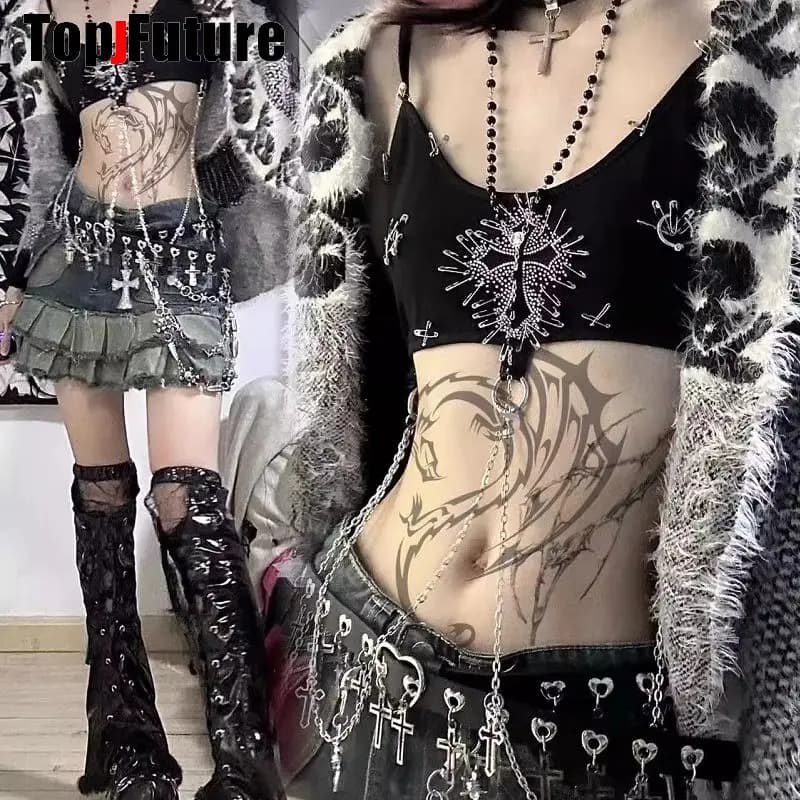 Donna ragazza Gothic Lolita Punk Harajuku streetwear Y2K Girl skull hand make Bikini Bling Bling canotta Trim Crop Top bikini set