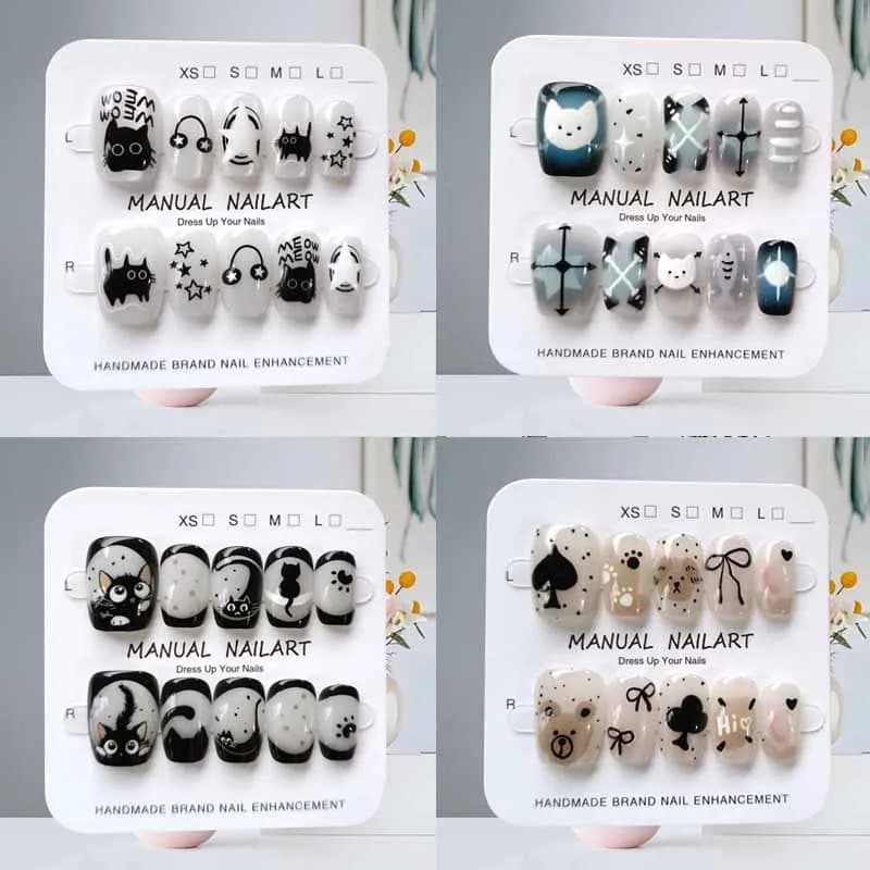 10 pieces cute cartoon black cat blue gray geometry handmade print on nails square head patch for nails cat eye patch for nails fake nail art
