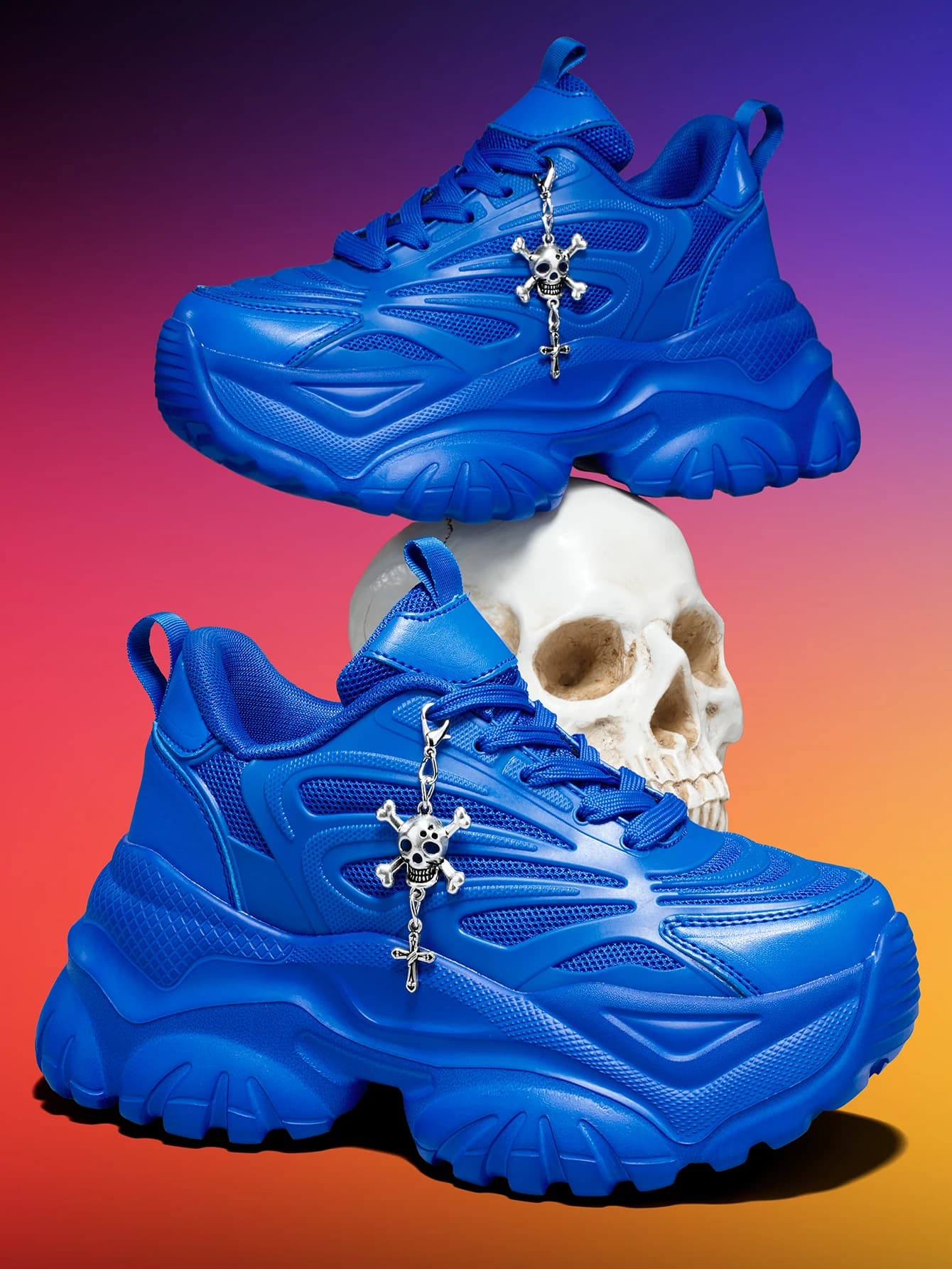 Women's Outdoor Four-Season Fashion Dad Shoes, EVA Lightweight Thick Sole, 7CM Height Increase, Blue Sneakers, Paired with Halloween Punk Style Detachable Silver Cross Skull Pendant, Versatile for Daily Commuting and F
