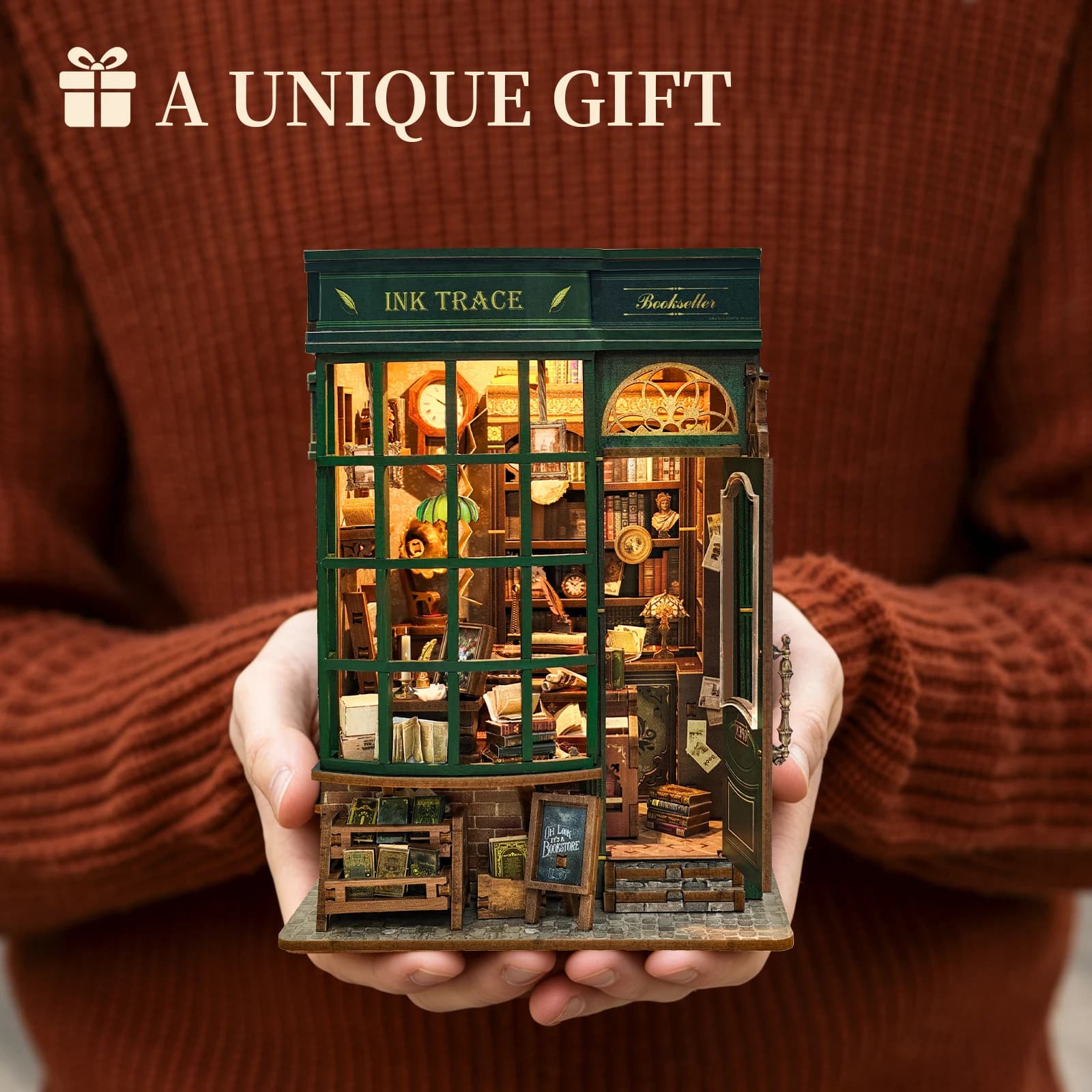 DIY 3D Wooden Ink Trace Bookstore Cottage Jigsaw Puzzles Miniature Model Kits with Lights for Friends Girls Birthday Gifts