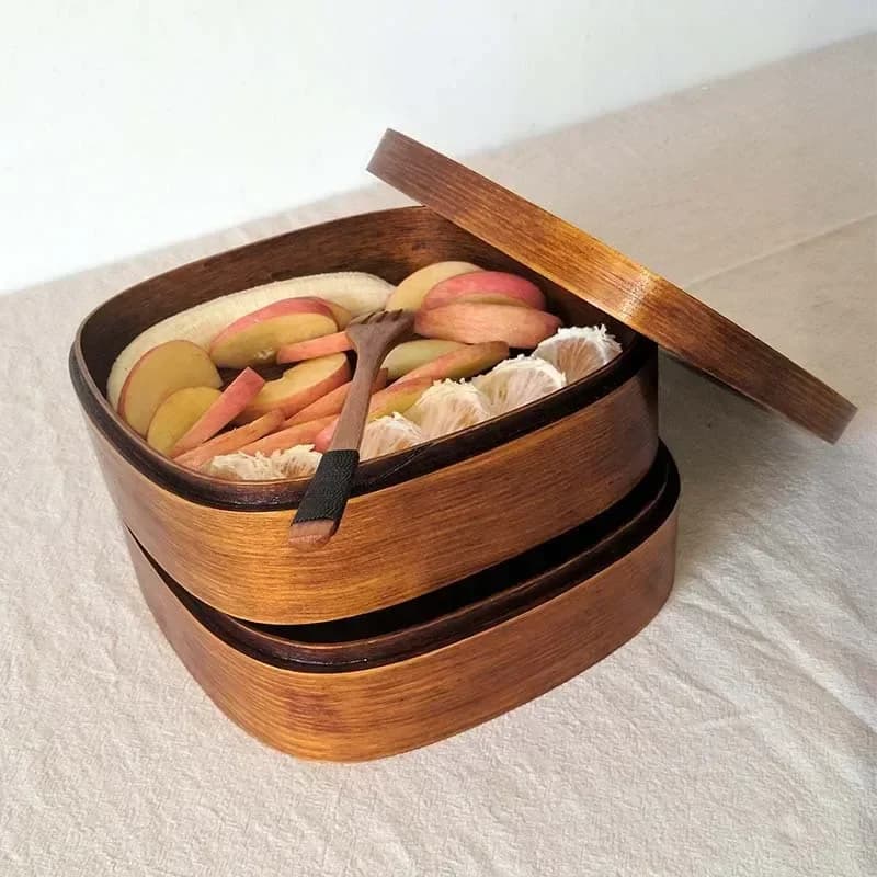 Scatola per il pranzo giapponese in legno, Bento Box da picnic, porta pranzo per studenti a doppio strato con set di posate (cucchiaio e forchetta), contenitore per sushi.