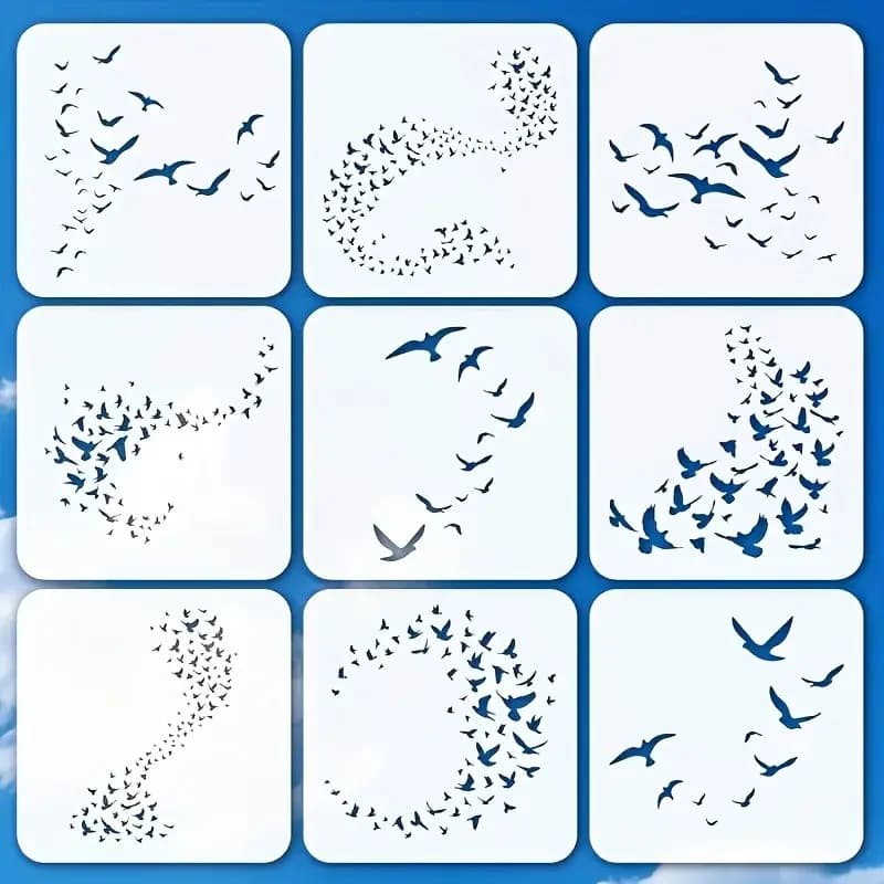9PCS 6x6 Inch Bird Silhouette Stencil Set Reusable Flying Bird Templates for Scrapbooking Fabric Wood Wall Art DIY