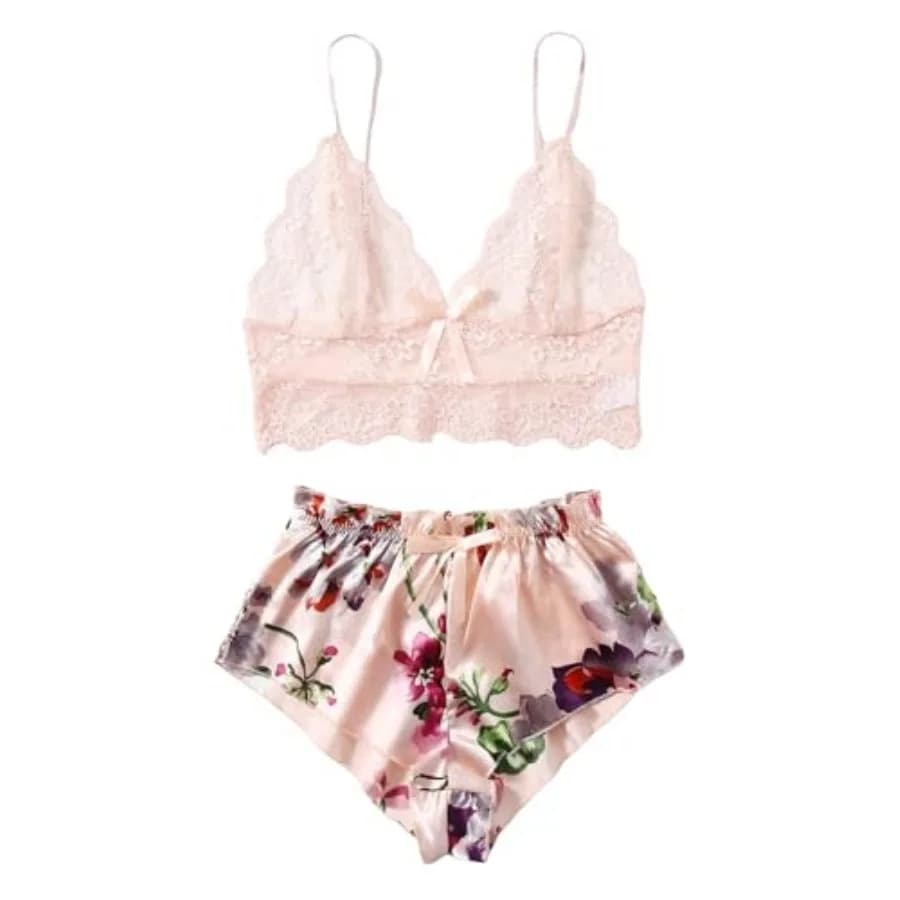 Women's 2 Pcs Lingerie Floral Lace Cami Top with Satin Shorts Sleepwear Pajama Set