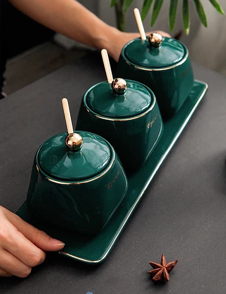 Set di condimenti per la casa Saliera MSG Pentola Utensili da cucina verde scuro Scatola di condimenti in ceramica Pentola per condimenti Decorazione domestica artistica