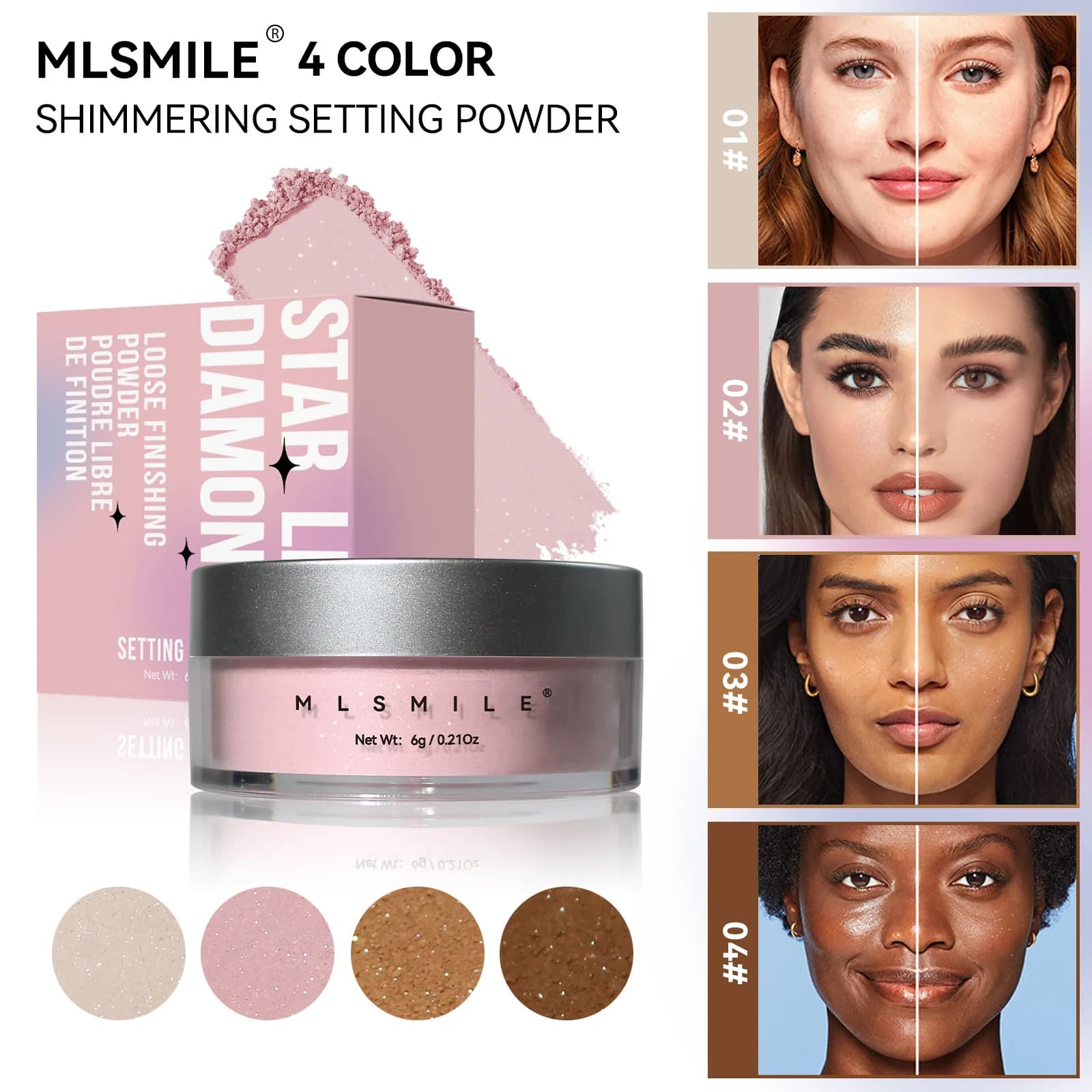 MLSMILE Polvere Fissante Opacizzante Resistente al Sudore, Assorbente di Olio, Impermeabile, Illuminante per Viso e Corpo, Polvere Libera Leggera per il Trucco