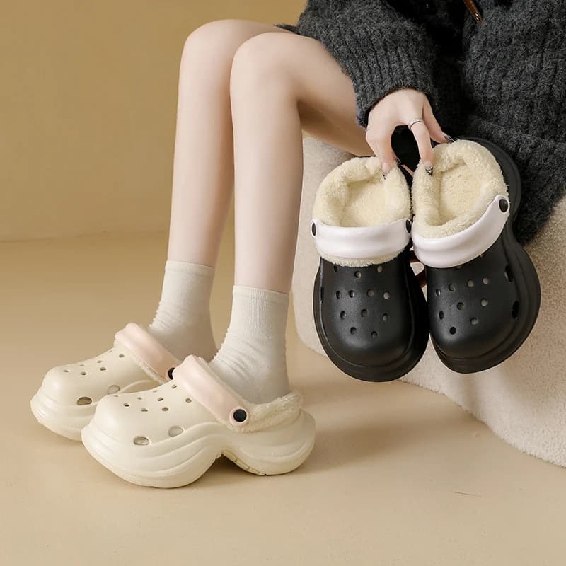 Female Short Trip Friendly Cotton Footwear Thick Fluff Lining Shock Absorb Outsole Indoor Outdoor Daily Slippers