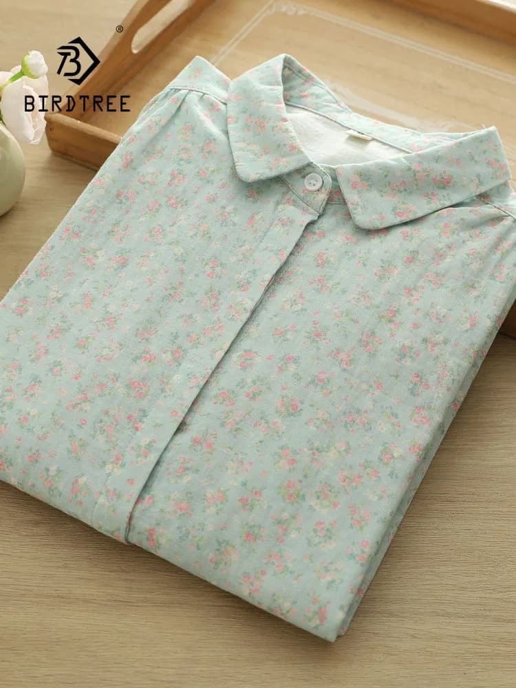 New 2026 Autumn Women Cotton Yarn Long Sleeve Shirt, Turn-down Collar Printed, Mori Girl Fashion Casual Loose Blouse T67752CC
