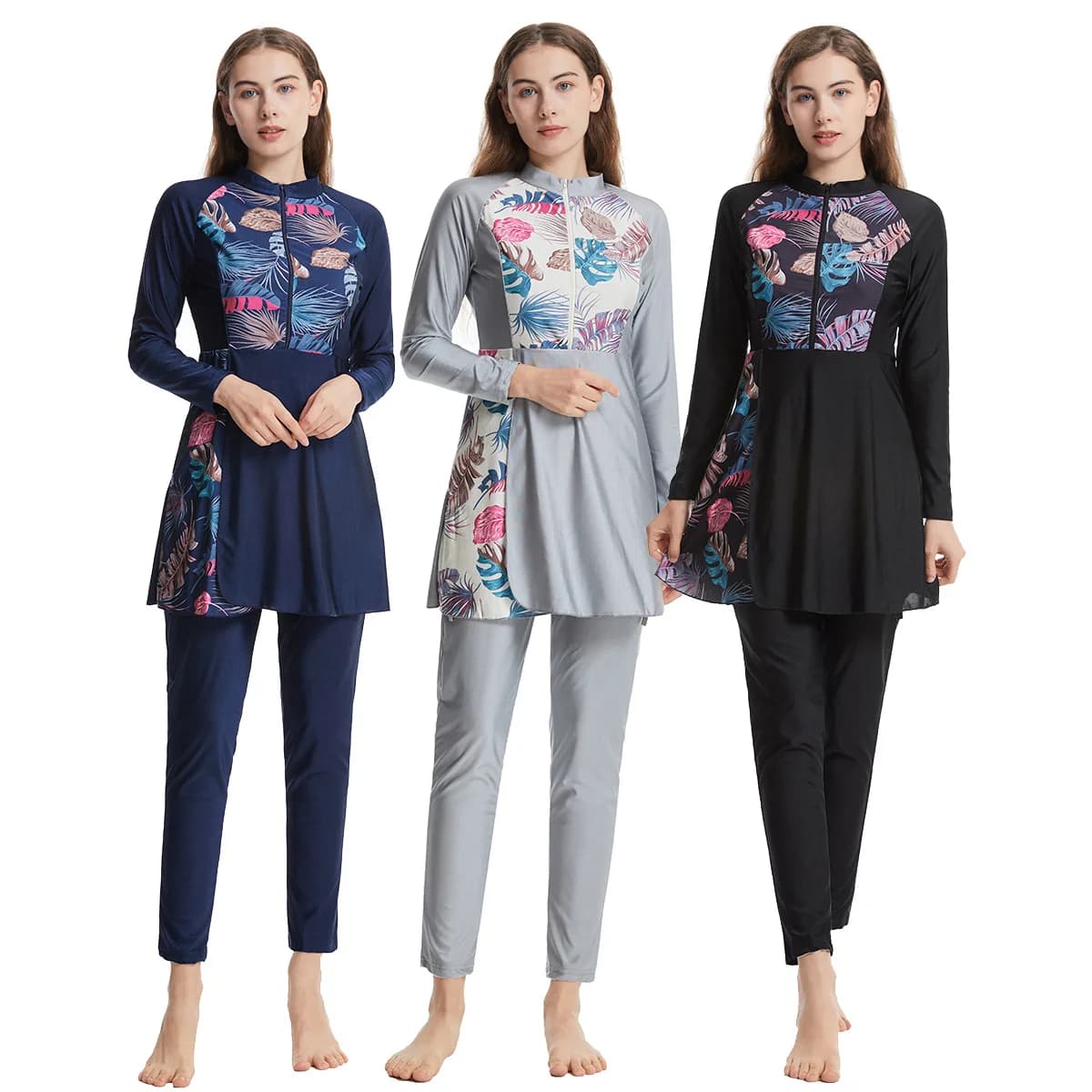 Women's Mosque Swimwear Top Print Caftano Arabic Pencil Pants Three Pieces Elastic Waist Swimwear Combo Sportswear