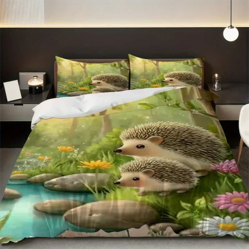 3pcs Cartoon Cute Hedgehog Flower Perfect Duvet Cover Set Soft Comfortable Breathable Bedding Set Suitable for All Seasons