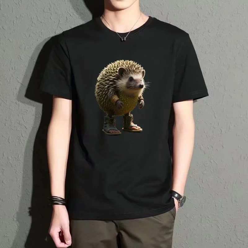 Men's Black Round-Neck Short-Sleeved T-Shirt, Fun Hedgehog Print Loose Top, Everyday Casual Street Style, Comfortable, Breathable and Versatile, Summer Trendy Item