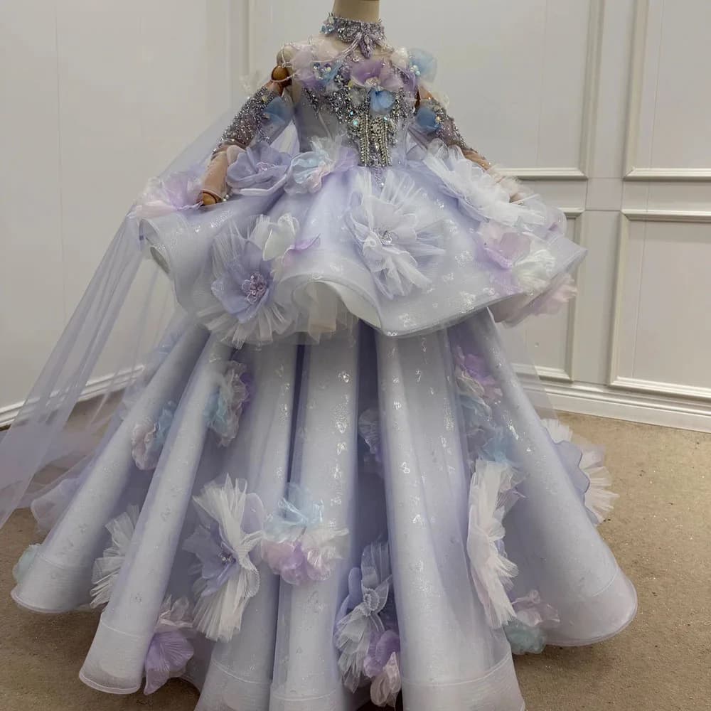 Abito da damigella personalizzato viola chiaro, lungo fino al pavimento, con cristalli e collo alto, per compleanno bambina