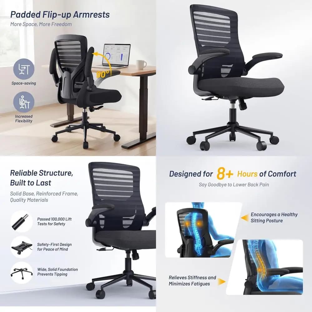 Sedia da Ufficio Ergonomica con 4 Cuscini, Supporto Lombare, Braccioli Imbottiti per un Utilizzo Confortevole a Lungo Termine