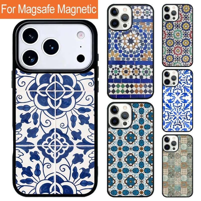Cover Magnetica Wireless con Motivo Piastrelle Marocchine per iPhone 17 Pro 16 15 13 12 11 Pro Max Air 14 Plus con MagSafe