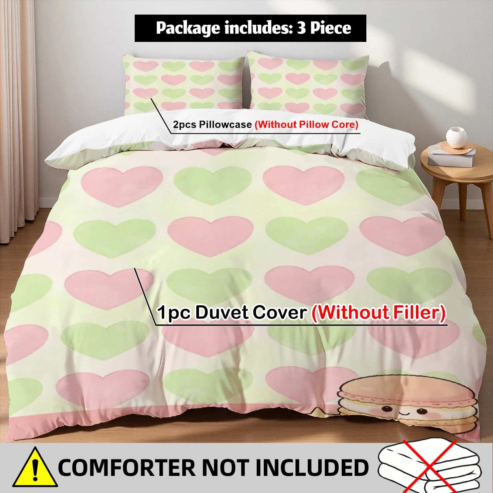 Set copripiumino a forma di cuore rosa e verde, set biancheria da letto Macaron con 2 federe per un dolce arredamento della camera da letto, regalo per ragazza, misure Twin, Queen, King.