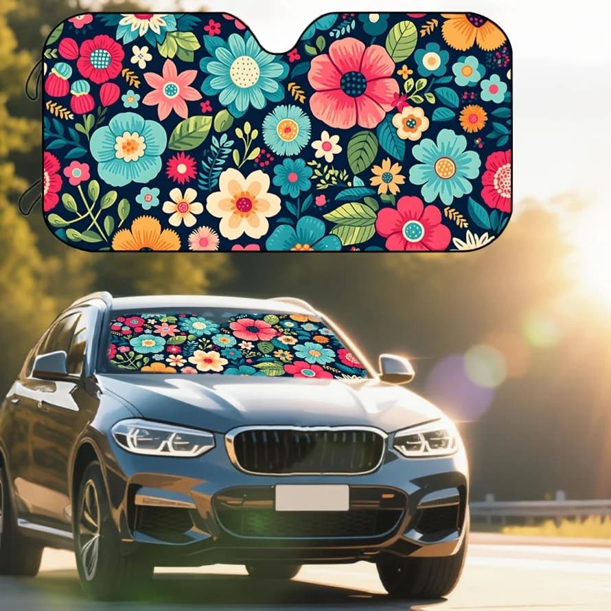 Car Sunshade With Floral Design – Bright Look For Front Windshield Shielding, Prevents UV Rays And Heat, Improves Interior Aesth