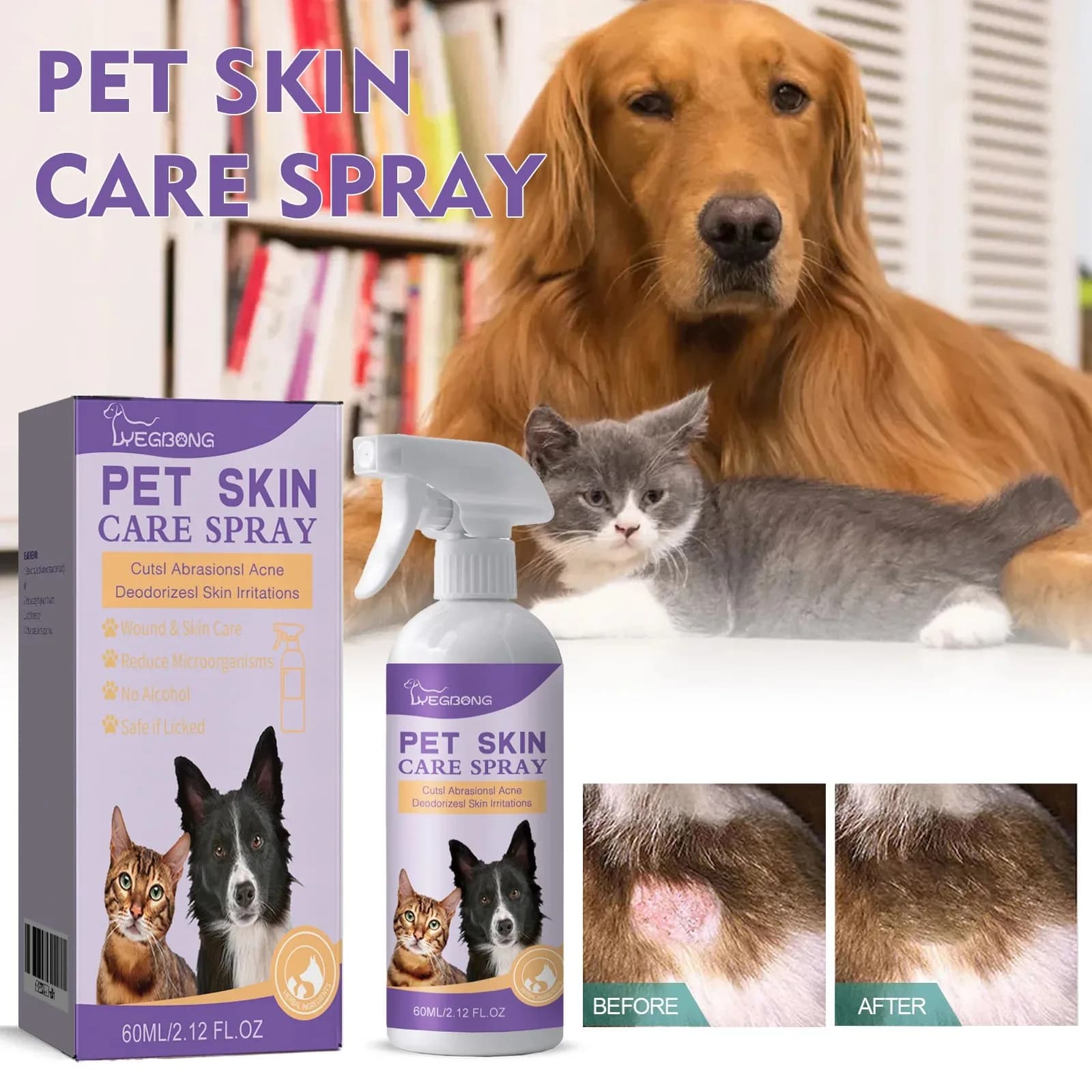 Spray per la Pulizia a Secco di Peli di Cani e Gatti, Spray per la Cura della Pelle, Trattamento Antipulci e Antimicotico per Animali Domestici, Riparazione Ferite, Siero per la Ricrescita del Pelo dei Gatti