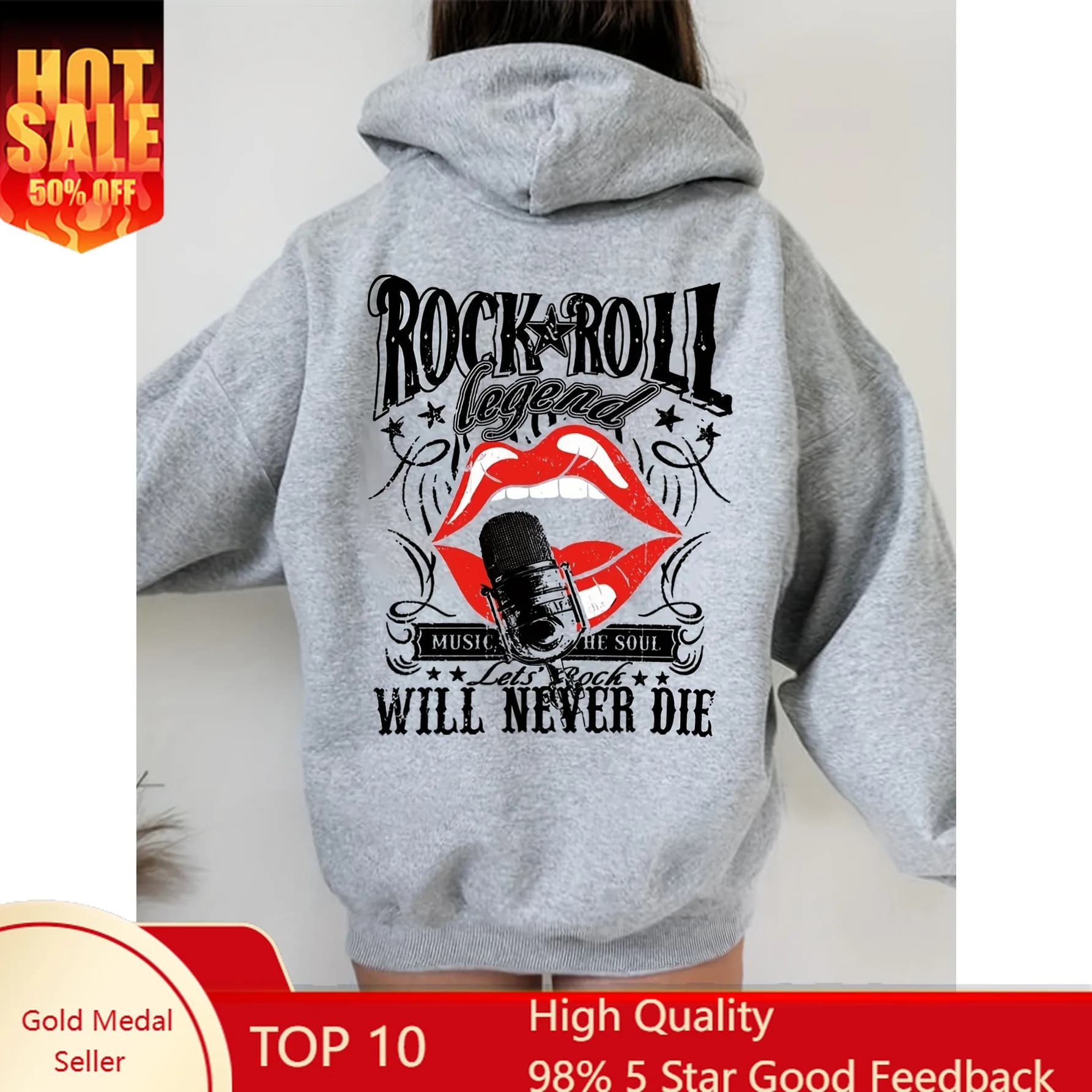 Women's Y2K graphic zip hoodie - Design Rock 'n' Roll Legend Never Die with red lips and stars, casual streetwear sweatshirt black