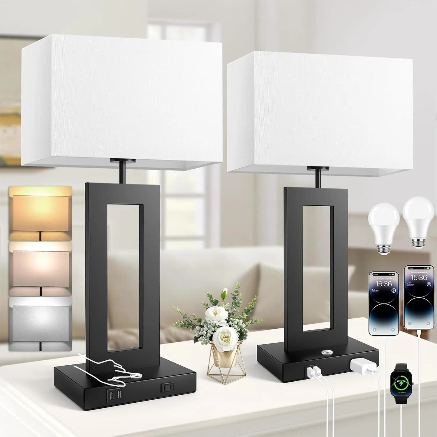 Set di 2 Lampade da Tavolo con 3 Temperature di Colore, Lampade da Comodino da 22 Pollici con Controllo Touch, Porte USB e Presa AC, Dimmerabili a Regolazione Continua