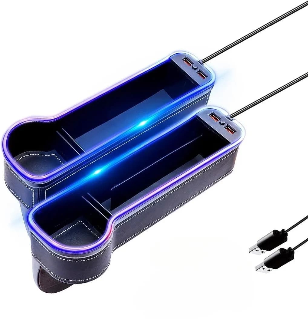 Organizzatore per Fessure Auto con Portabicchieri, 7 Colori LED Cangianti, Scatola Portaoggetti con 2 Caricatori USB, Accessori Auto