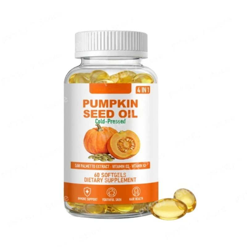 Olio di Semi di Zucca Spremuto a Freddo con Estratto di Saw Palmetto, Vitamina D3 e K2, Integratore Alimentare, 60 Softgel per il Supporto di Capelli e Pelle