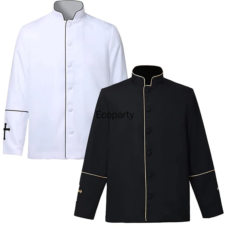 Costume da uomo di Halloween Colletto alla coreana Sacerdote della chiesa Abito nero Trench Giacca Tonaca Clero Predicatore Ministro Coro Pastore romano
